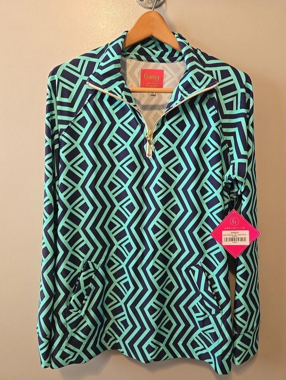 Gingy Women's Pullover Jacket Blue Green Geometric Pattern Quarter Zip Sz. XL